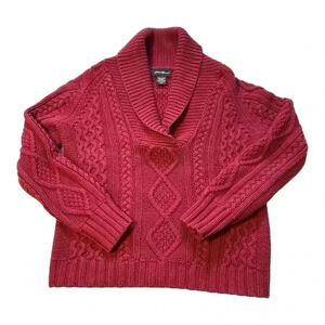 Vintage Eddie Bauer Womens Sweater Cable Knit Red Fisherman Cowl V Neck Sz PS‎